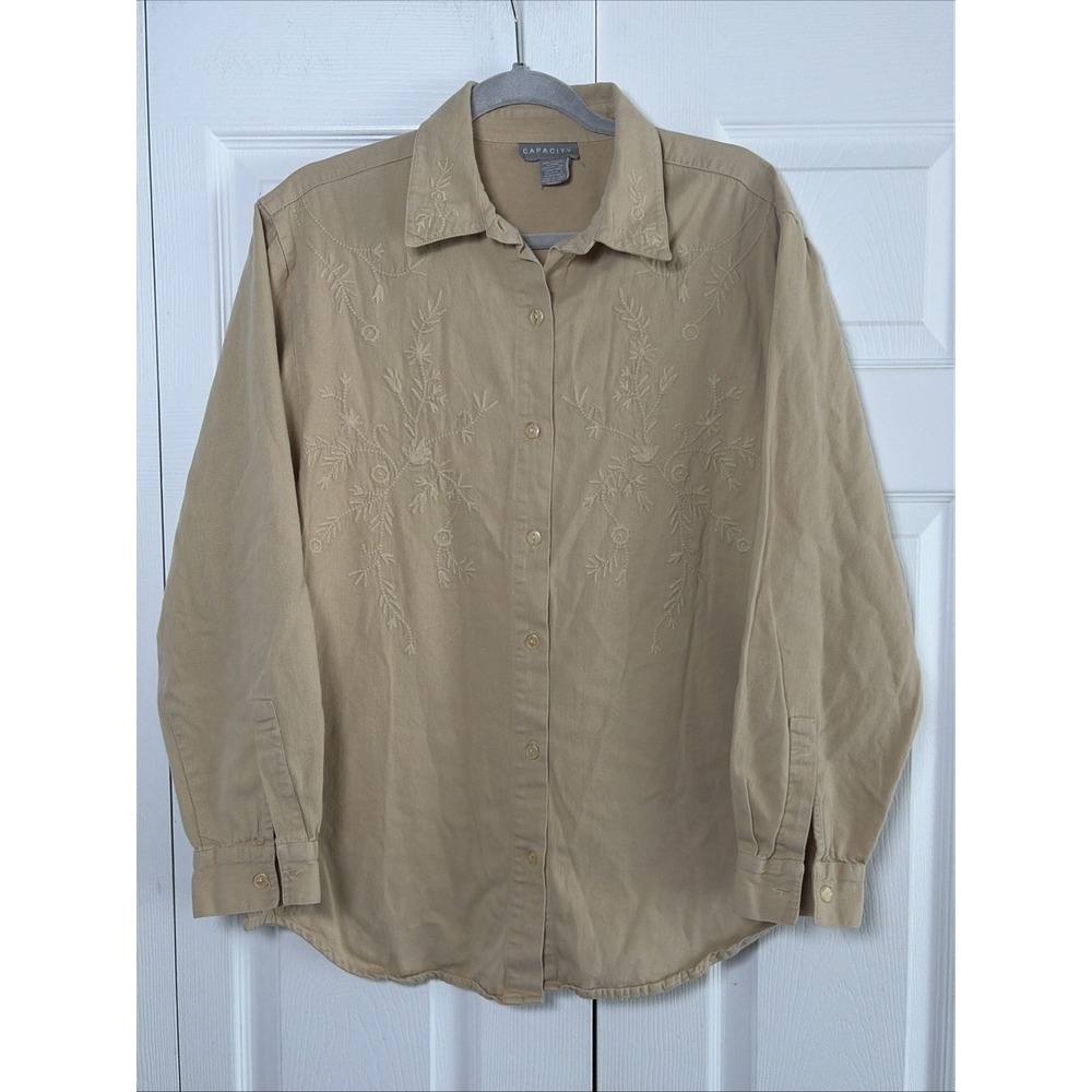 Capacity Embroidered Button Down Shirt Womens Size L Tan Floral Cotton Twill